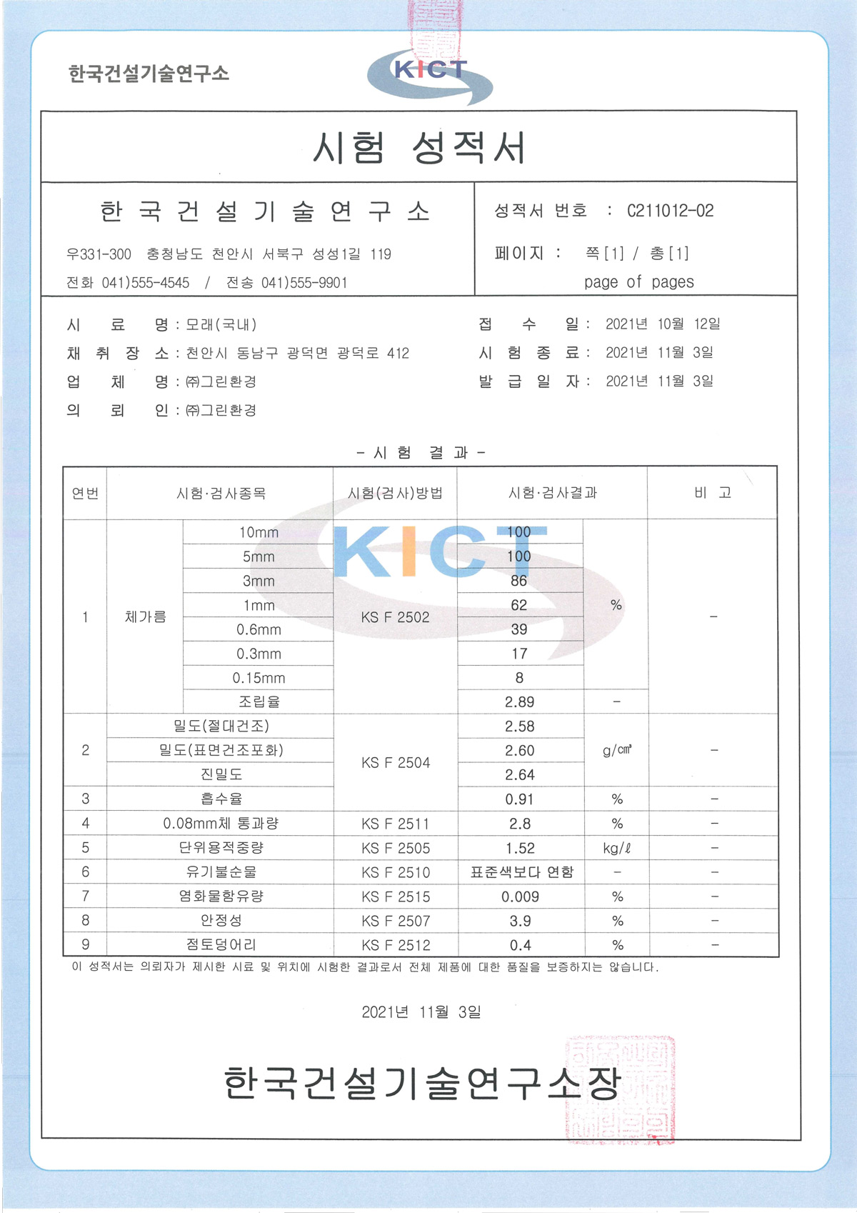 모래 시험 성적서